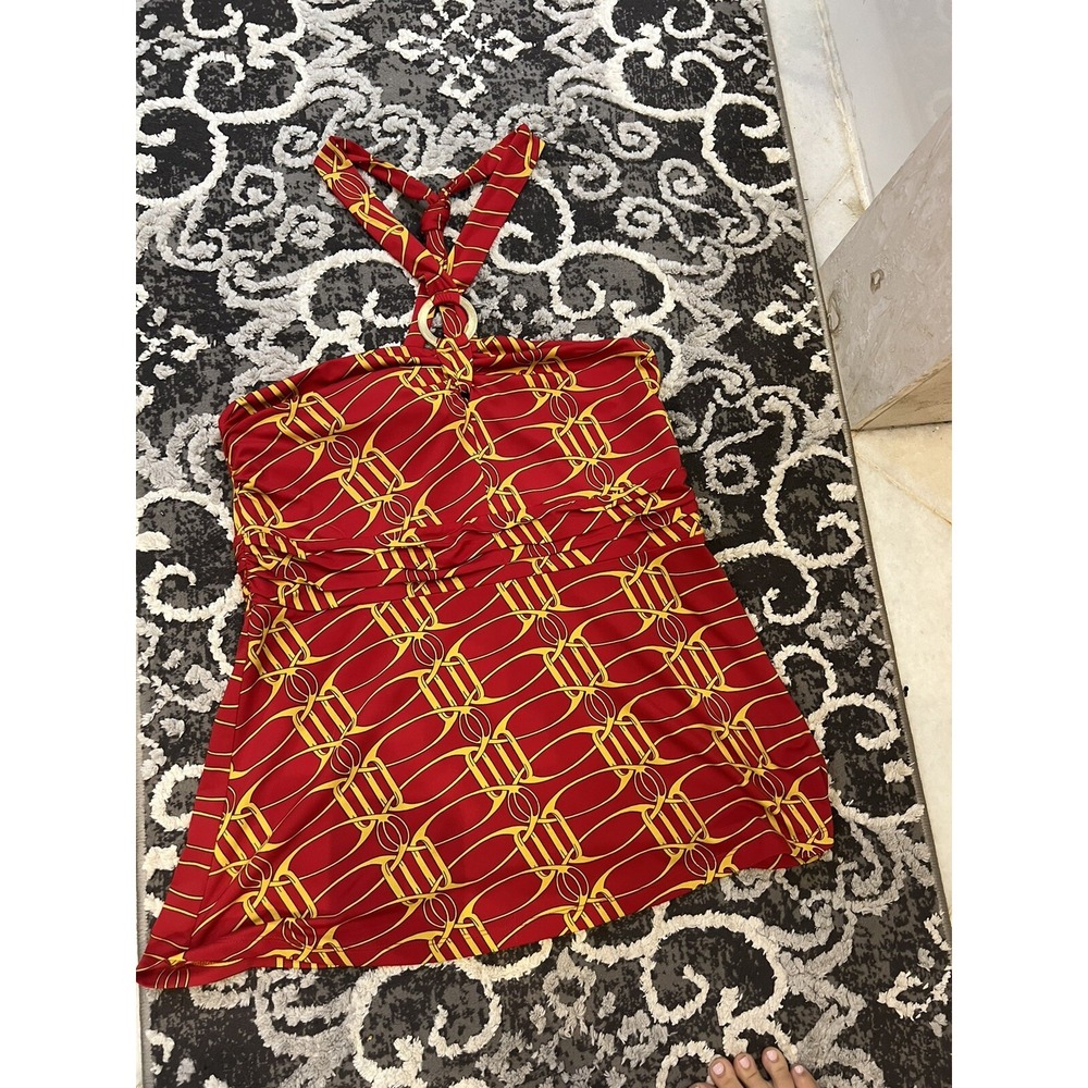 INC International Concepts Red Chain Print Halter Blouse Brass Medallion Large